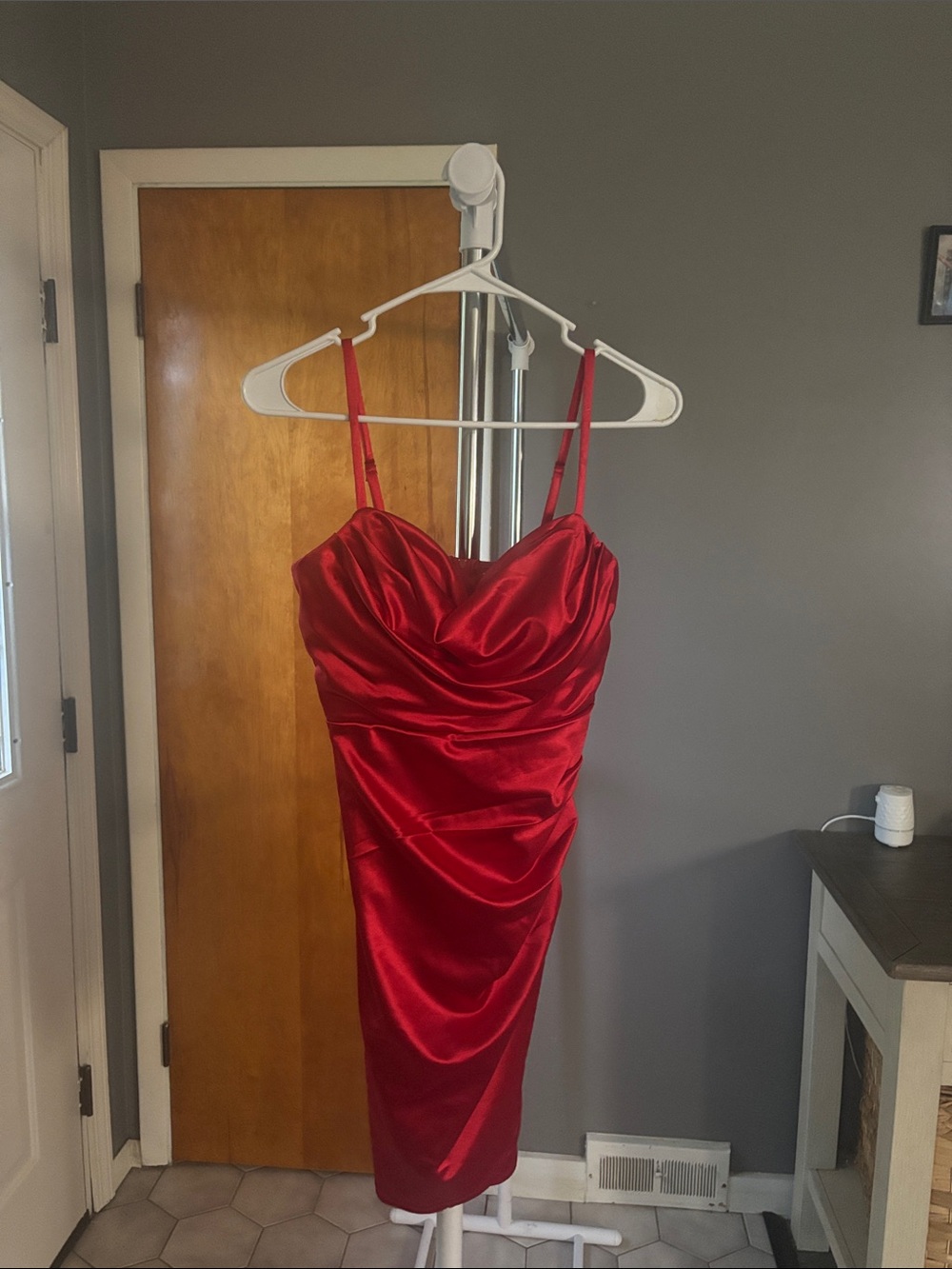 Emerald Sundae Red Satin Draped Midi Dress